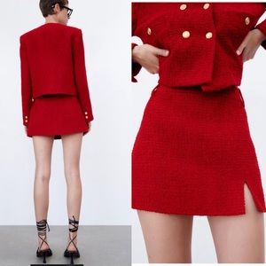 High Rise Tweed Textured Slit Mini Skirt